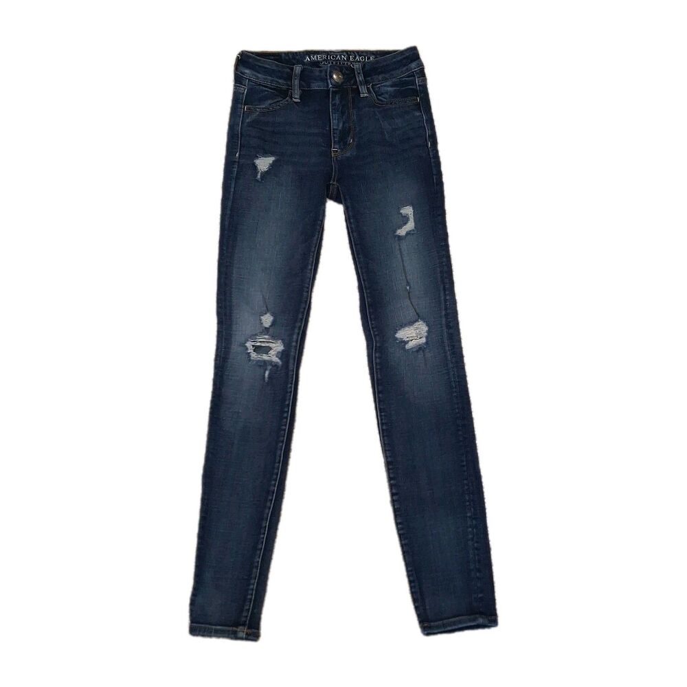 AMERICAN EAGLE JEANS 0 REGLAR HI RISE JEGGING 360 SUPER STRETCH DISTRESSED BLUE